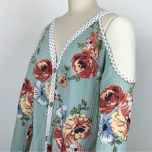 Oddi Retro Spring Floral Rose Polka Dot Teal Cutout Cold Shoulder Bow Top - Picture 6 of 16